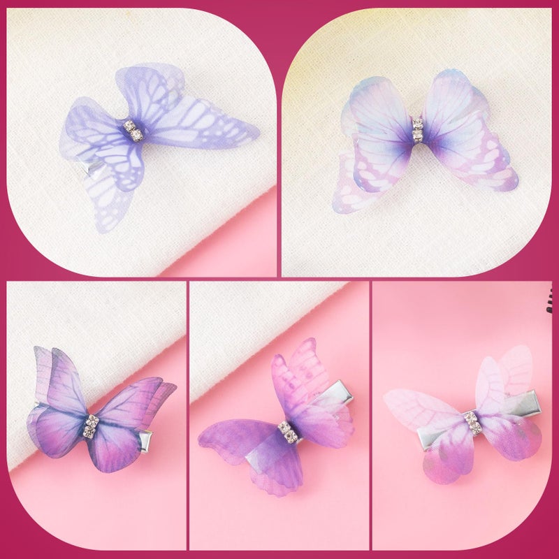 SmallCat 5pcs Butterfly Hair Barrettes for Women, 2 Sizes Gradient Purple Organza Bling Rhinestone Hair Clips, Cute Hairstylist Bow Pin Accessories for Daily, Wedding, Rave Party - Image 3